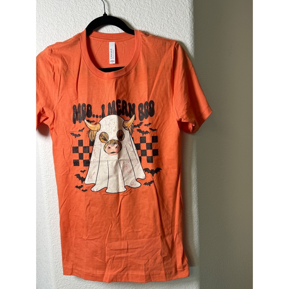 NEW Bella Canvas Orange Highland Cow Ghost Halloween Graphic T-Shirt S Spooky S